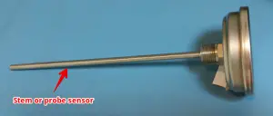 Side view of a dial thermometer showing the stem or probe sensor