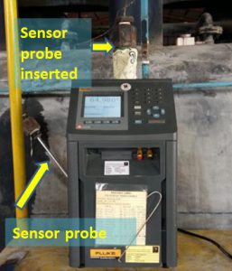 A sensor probe of the temperature switch inserted to a Metrology Well for a simulated temperature
