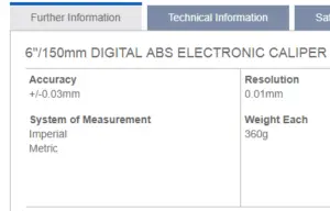 accuracy specs of a caliper based on its user manual